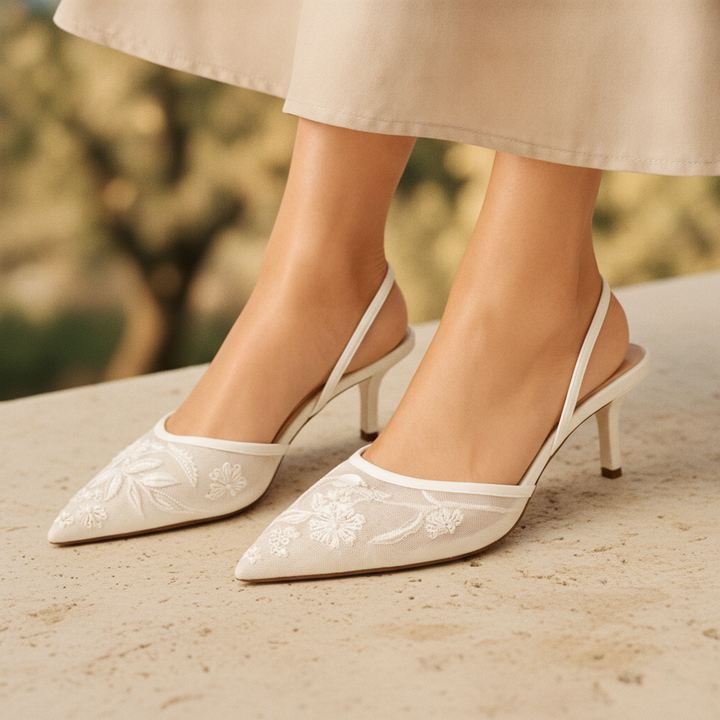 Arabellas | Embroidered Mesh Mule Heels Pointed Toe Wedding Guest