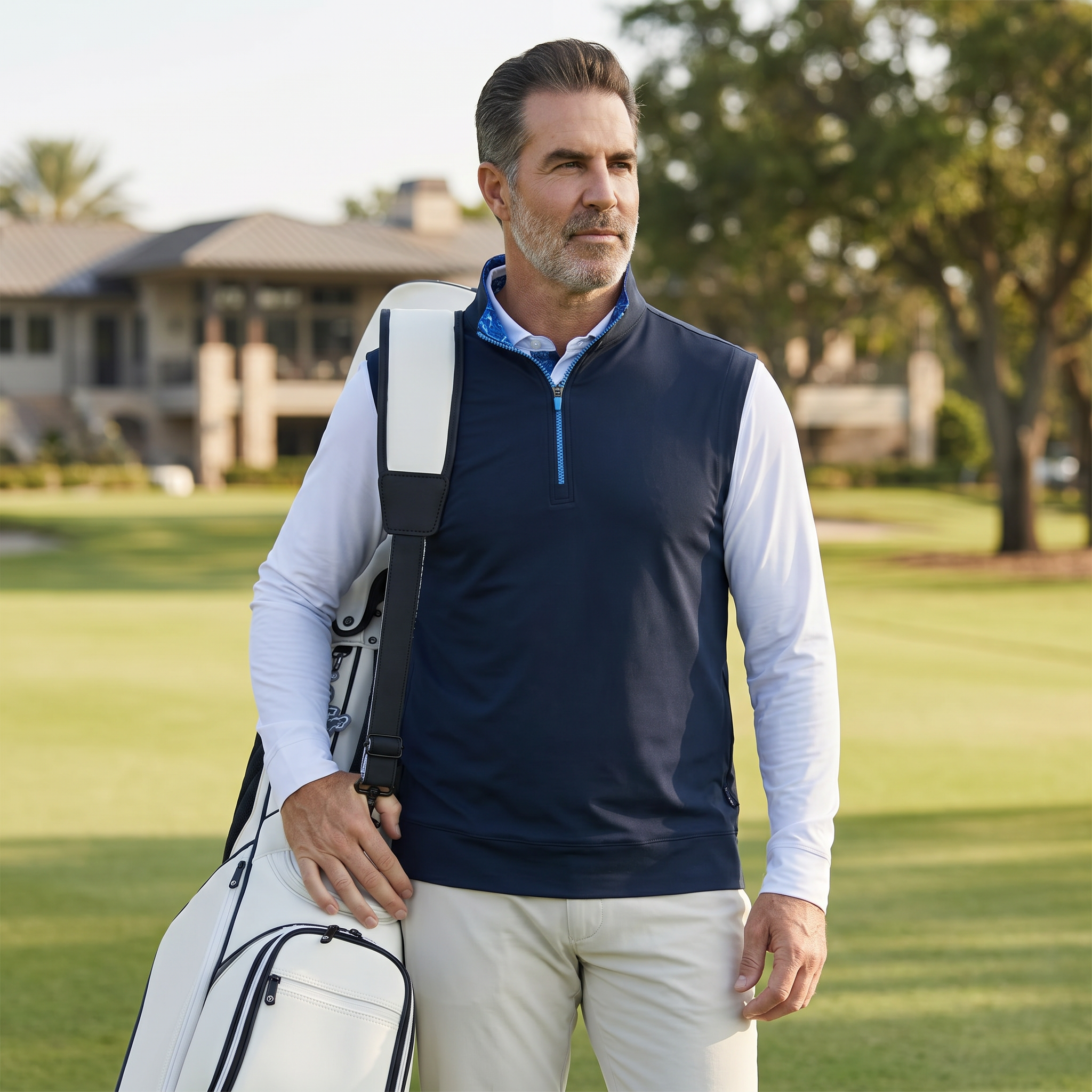 Men's Stretch Fabric Golf Vest With Windproof Flap And Stylish Print Collar