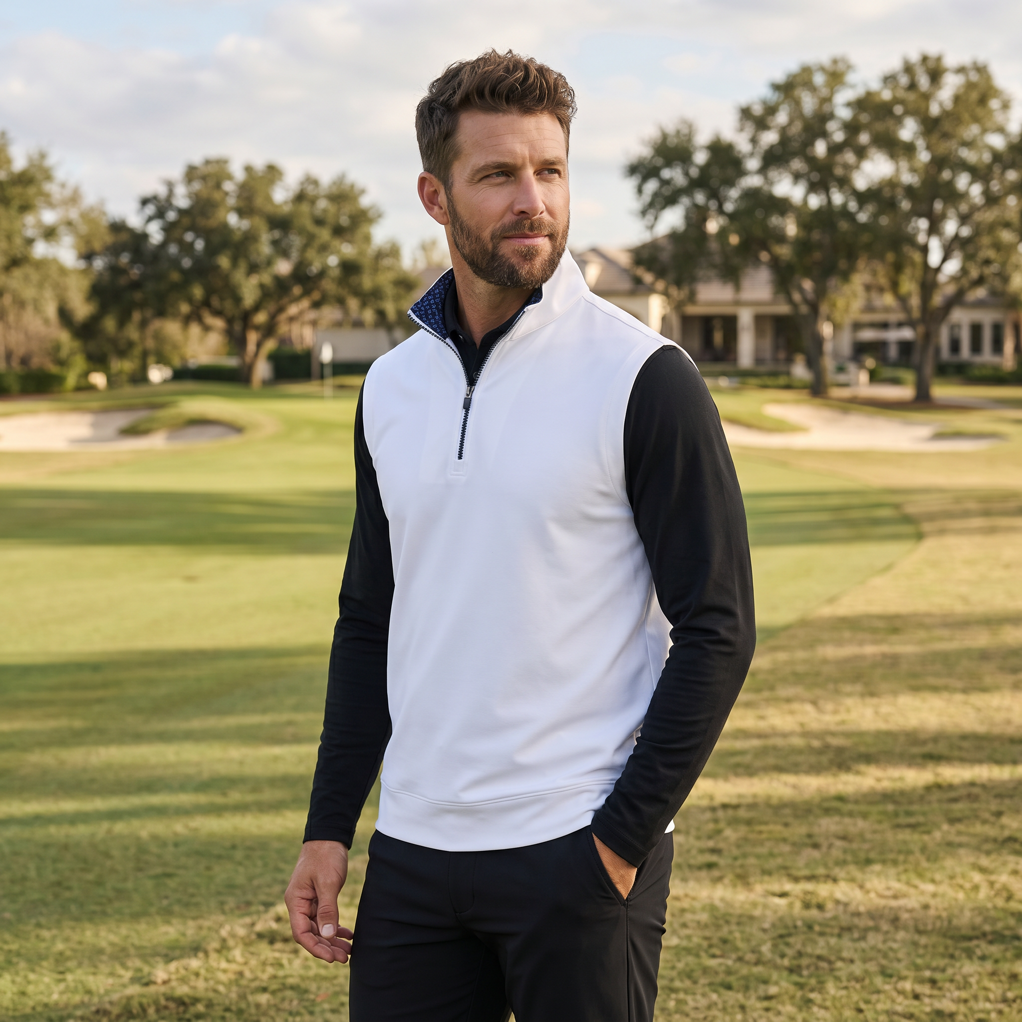 Men's Stretch Fabric Golf Vest With Windproof Flap And Stylish Print Collar