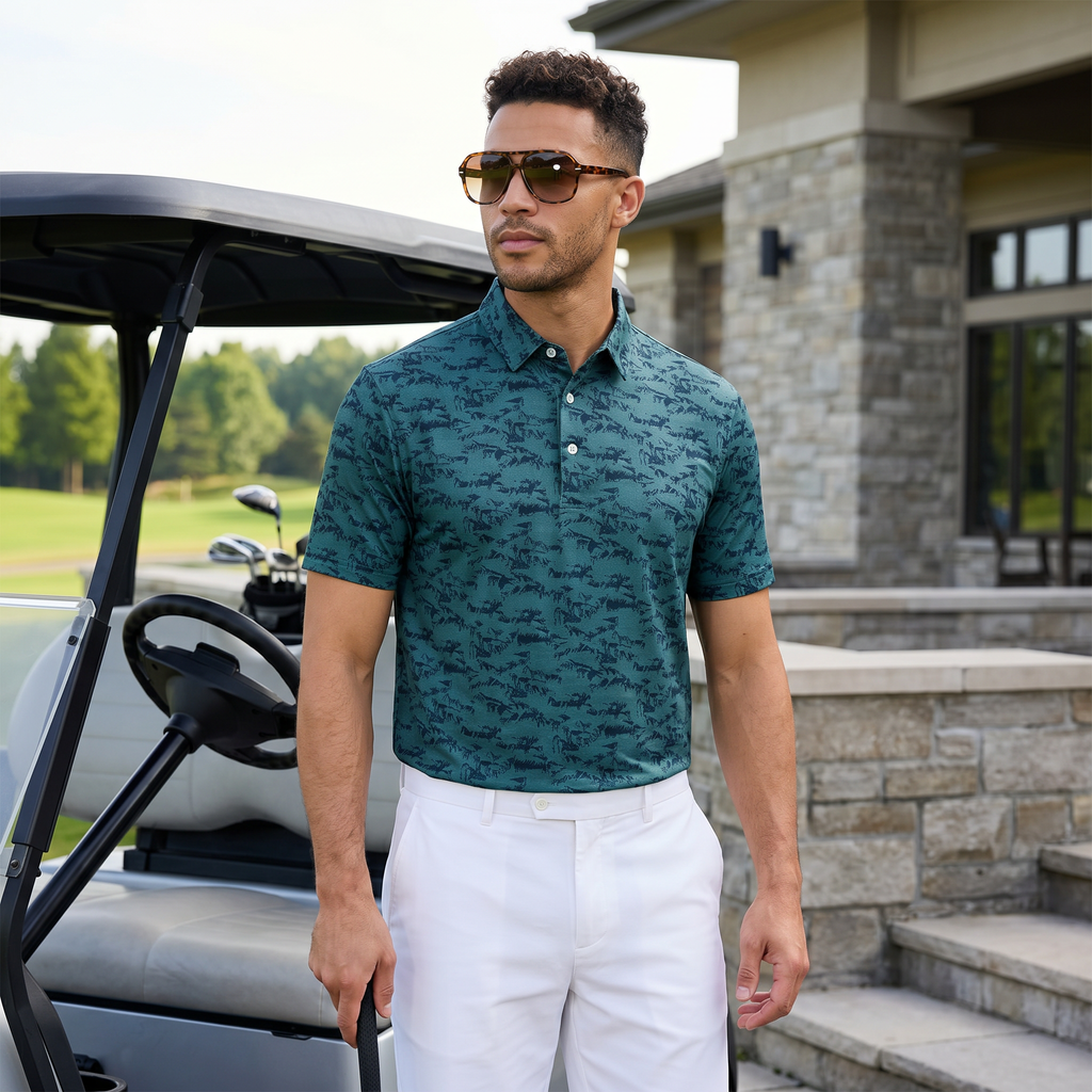 Mens Moisture Wicking Heather Print Polo Shirt With UPF 50 Sun Protection