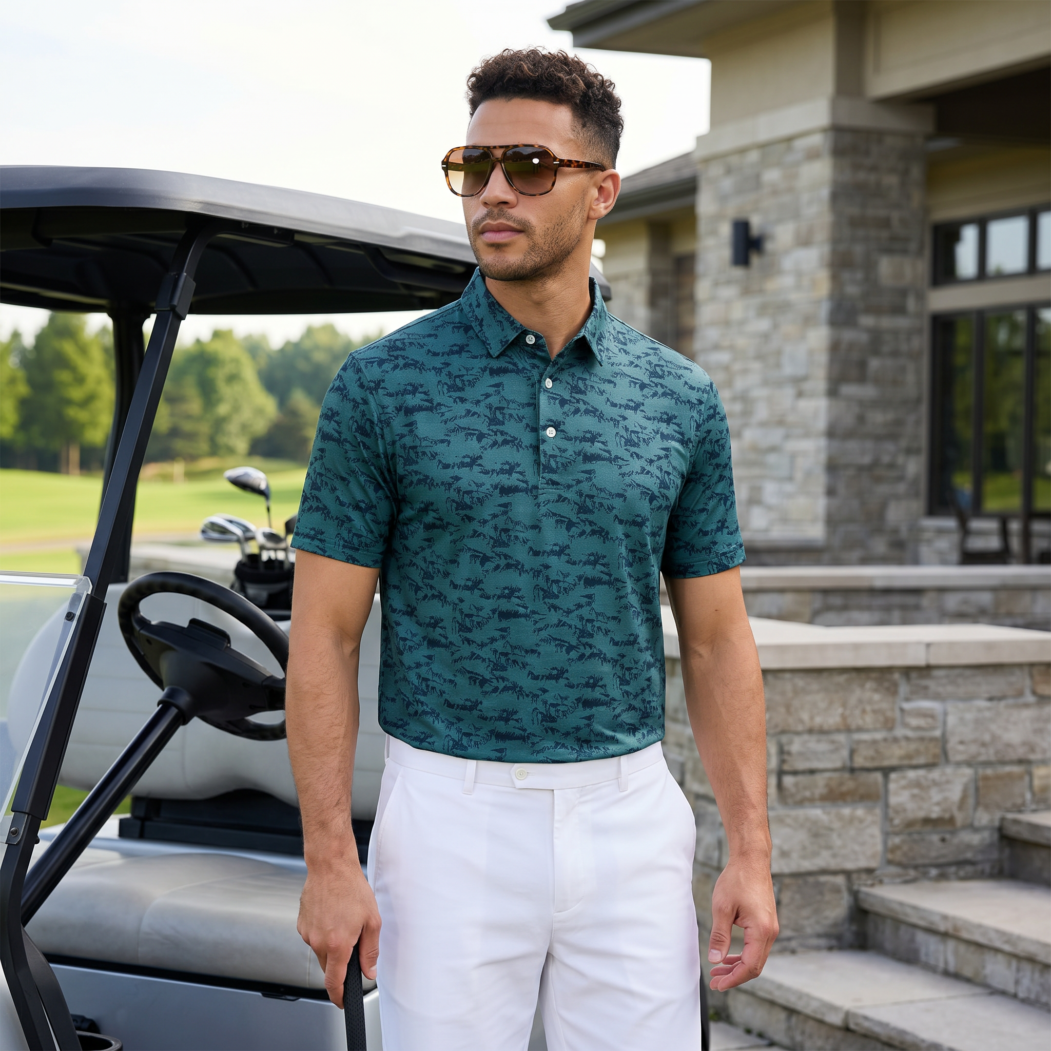 Mens Moisture Wicking Heather Print Polo Shirt With UPF 50 Sun Protection