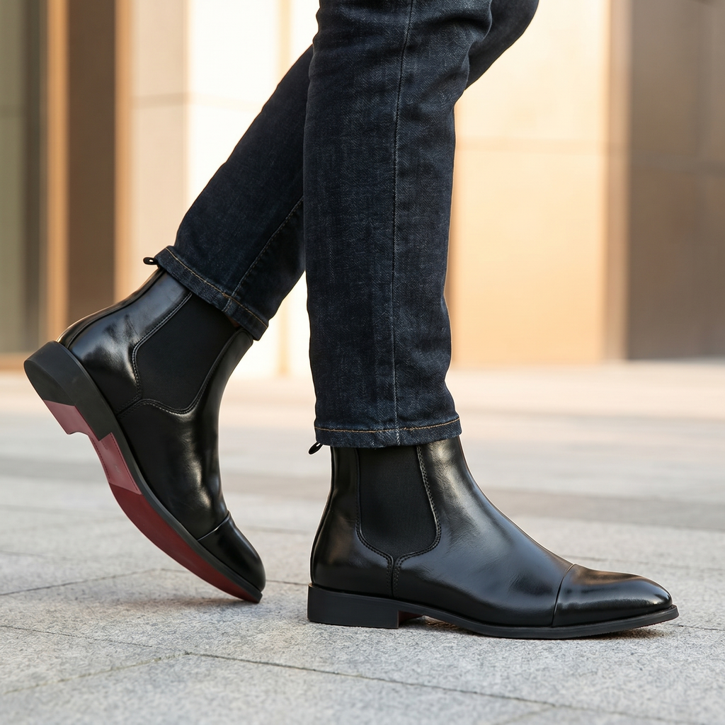 Mens Polished Leather Chelsea Boots With Elastic Side Panels For Easy Slip