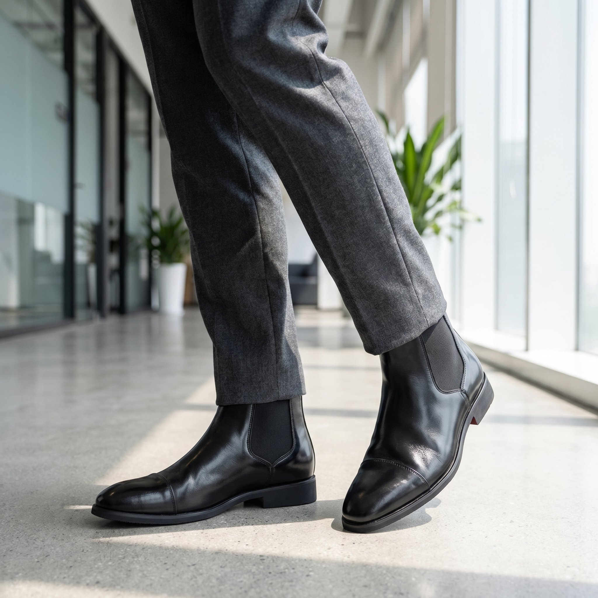 Mens Polished Leather Chelsea Boots With Elastic Side Panels For Easy Slip