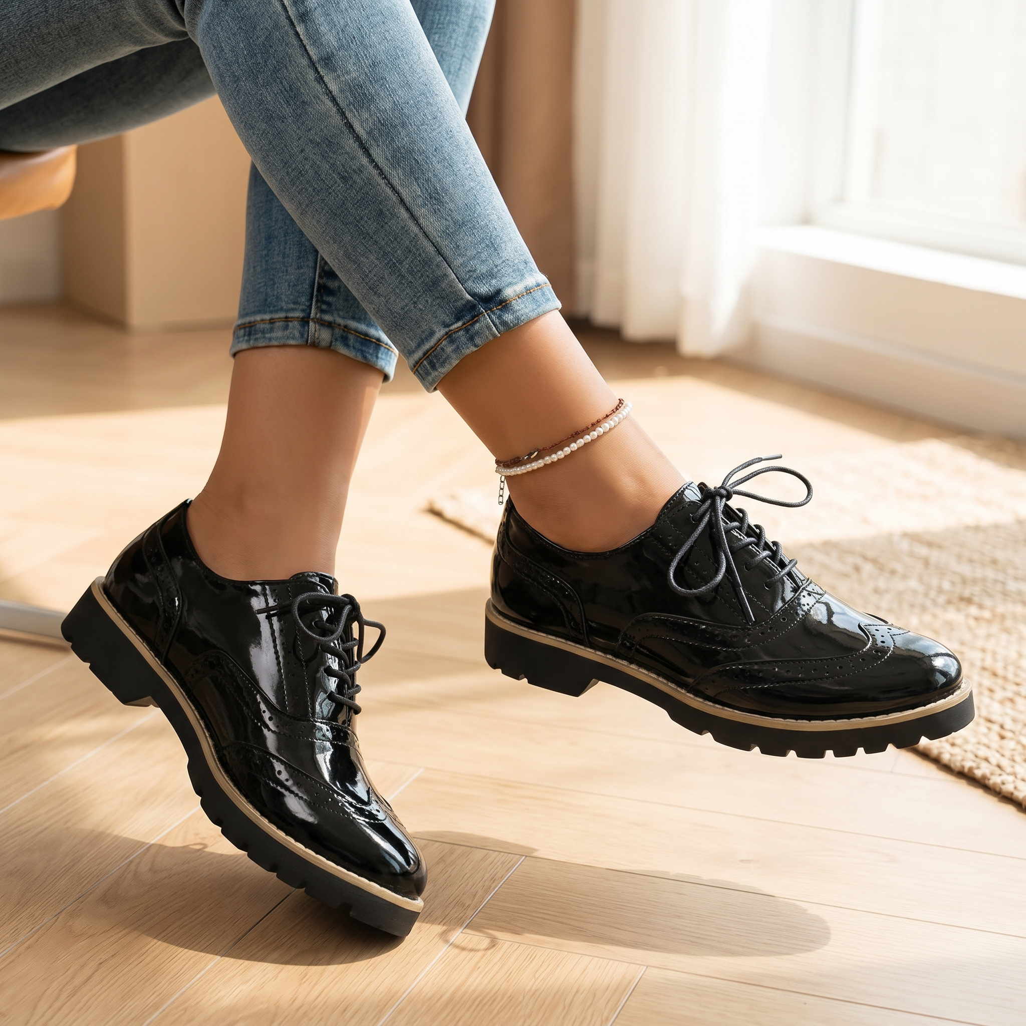 Women's Polished Patent Leather Brogue Shoes Oxford Style Elegant Footwear