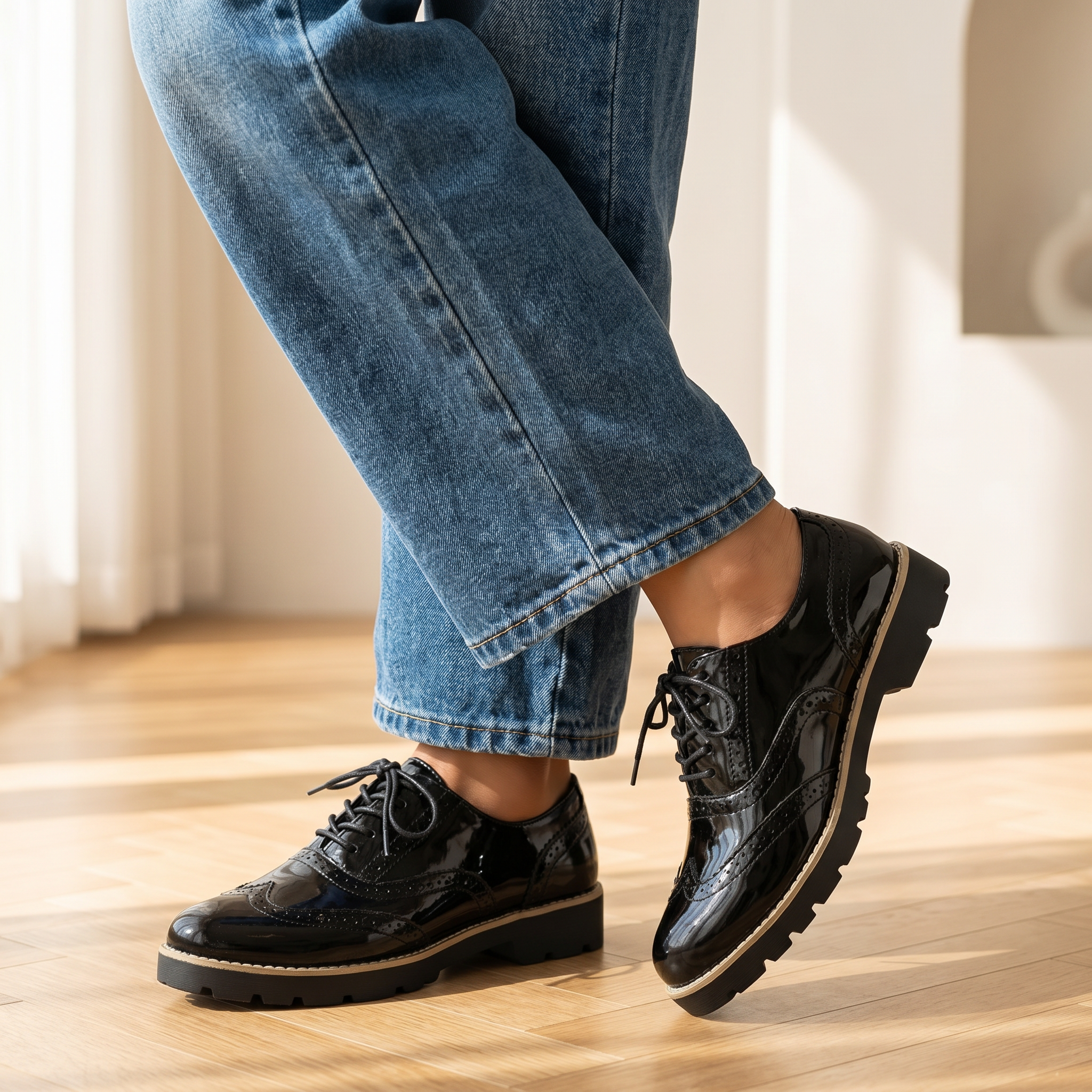 Women's Polished Patent Leather Brogue Shoes Oxford Style Elegant Footwear