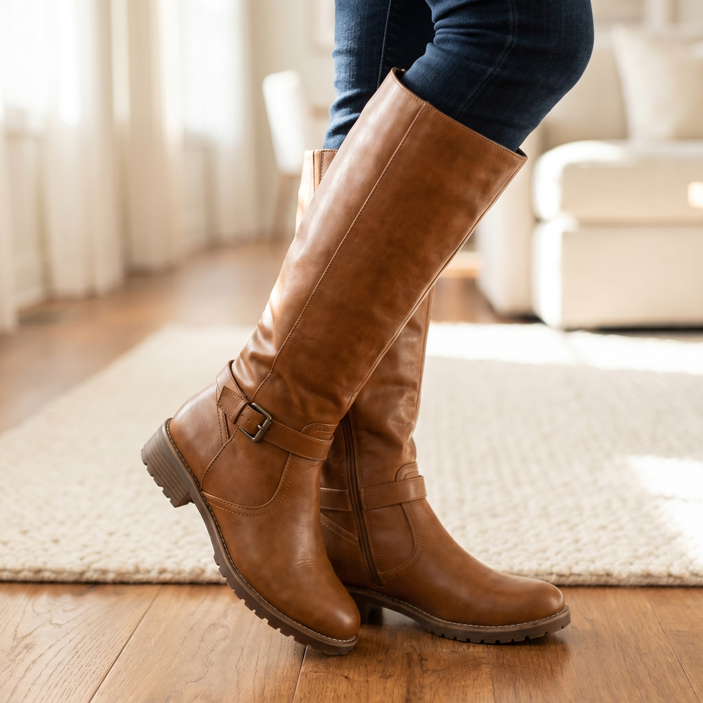Women's Durable PU Leather Knee High Boots With Supportive Warm  Footwear