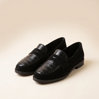 Women's Croc Embossed Leather Loafers Black Slip On Everyday Comfort Shoes
