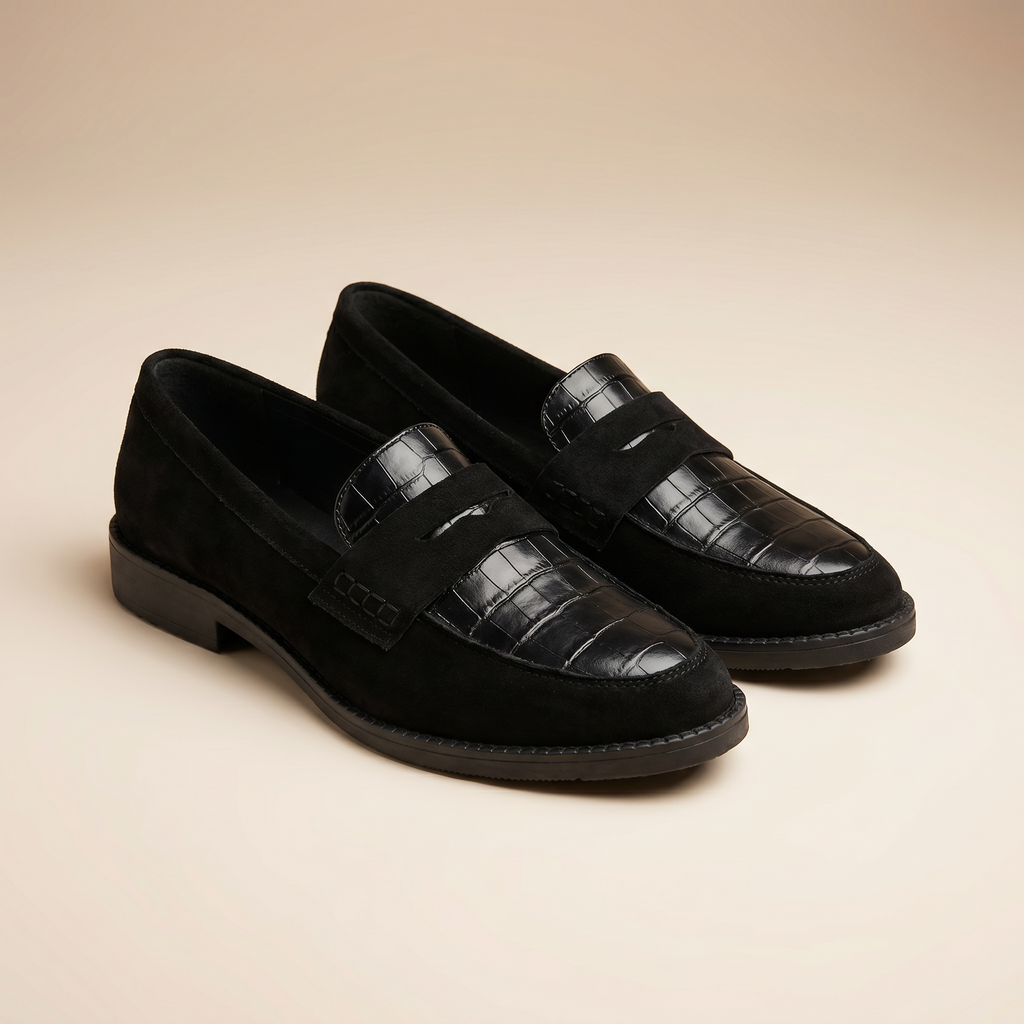 Women's Croc Embossed Leather Loafers Black Slip On Everyday Comfort Shoes