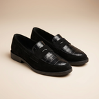 Women's Croc Embossed Leather Loafers Black Slip On Everyday Comfort Shoes