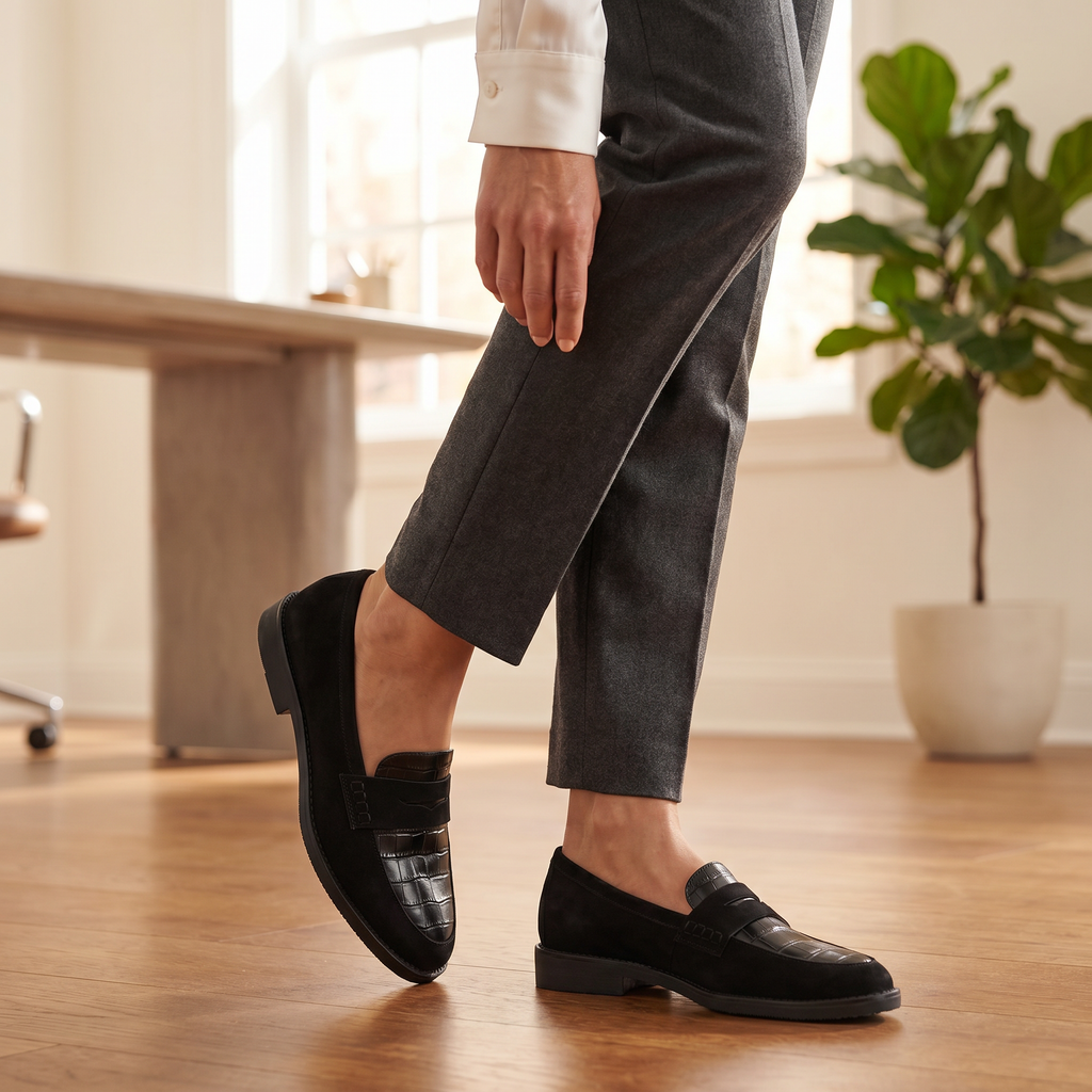 Women's Croc Embossed Leather Loafers Black Slip On Everyday Comfort Shoes