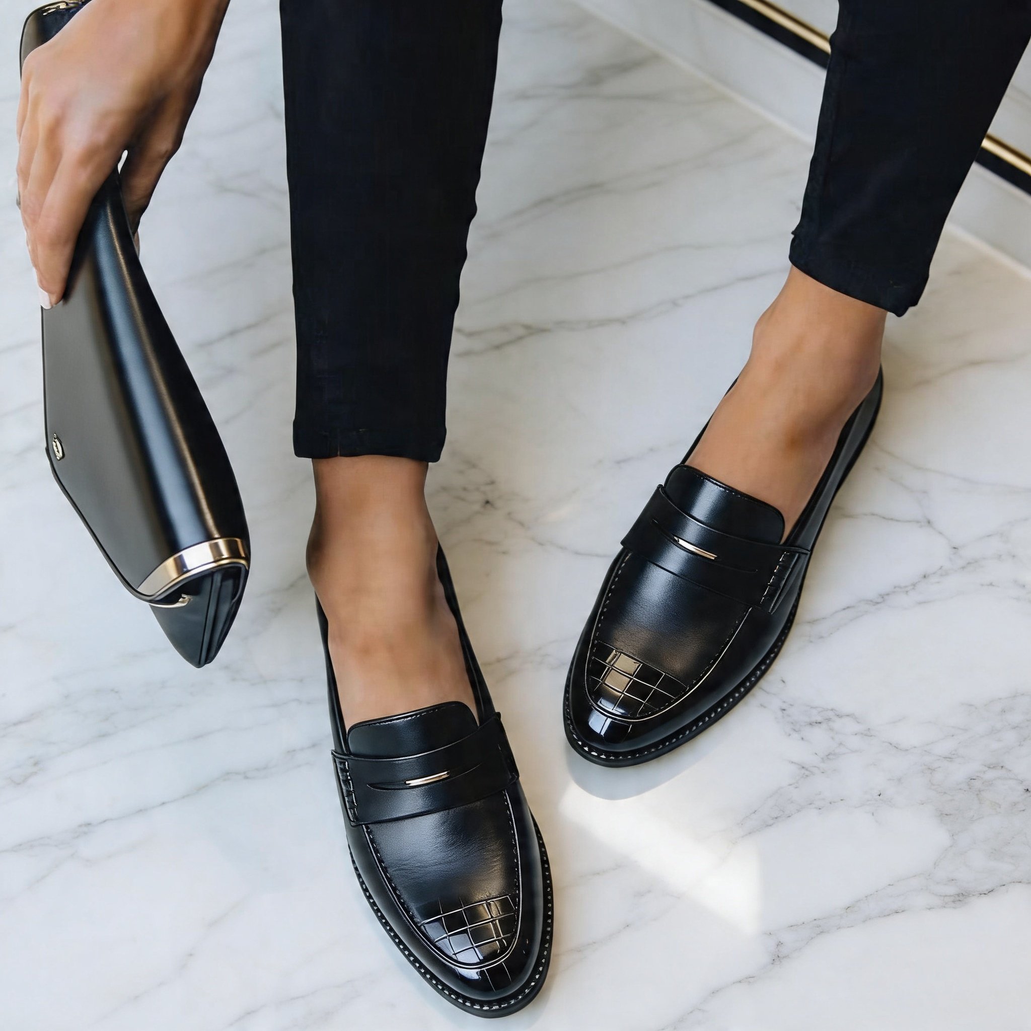 Women's Croc Embossed Leather Loafers Black Slip On Everyday Comfort Shoes