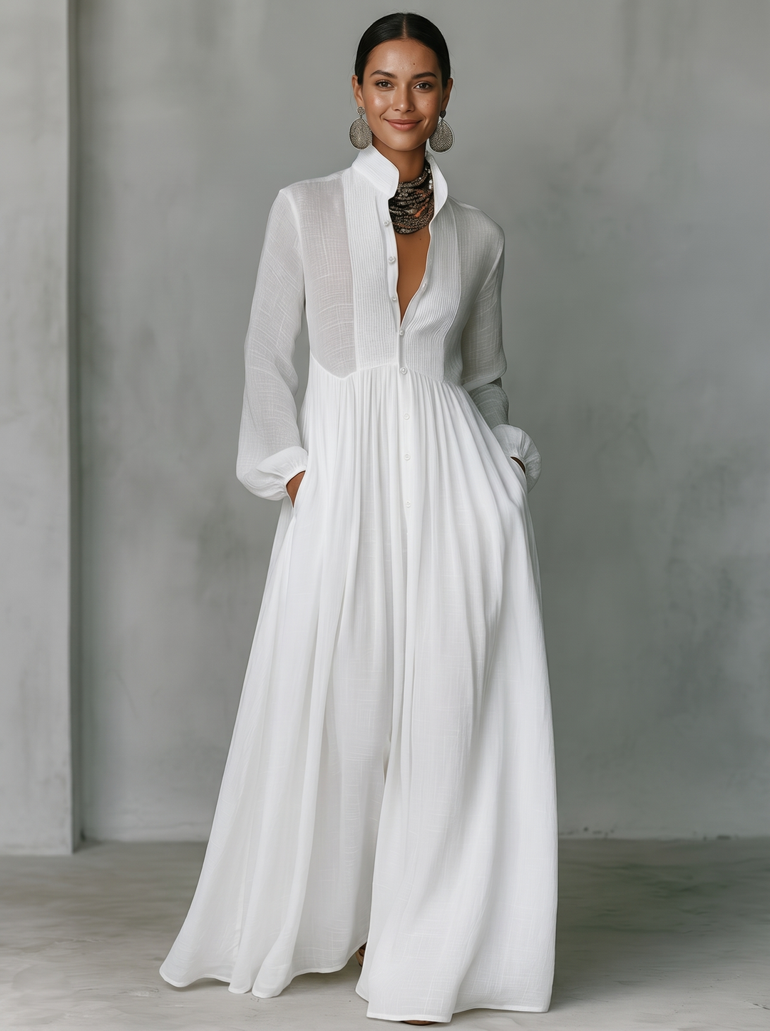 Women's Maxi Dress Cotton Linen Patchwork Stand-Up Collar Long Sleeve Casual Wear