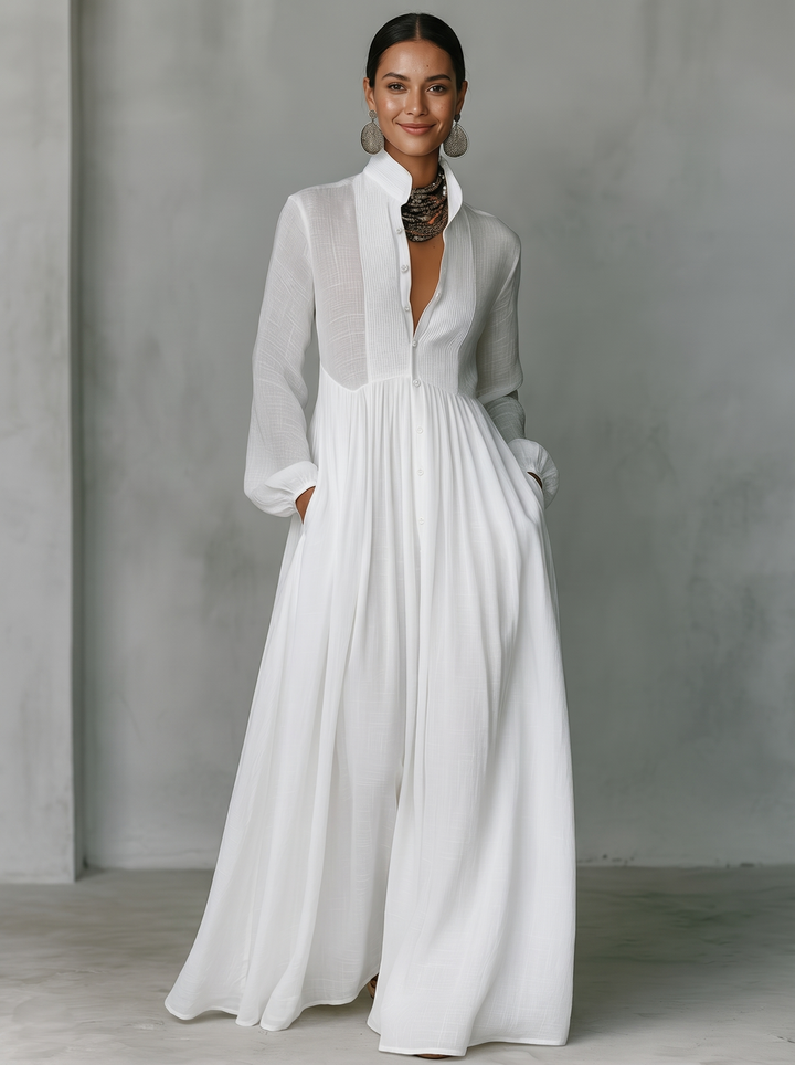 Women's Maxi Dress Cotton Linen Patchwork Stand-Up Collar Long Sleeve Casual Wear