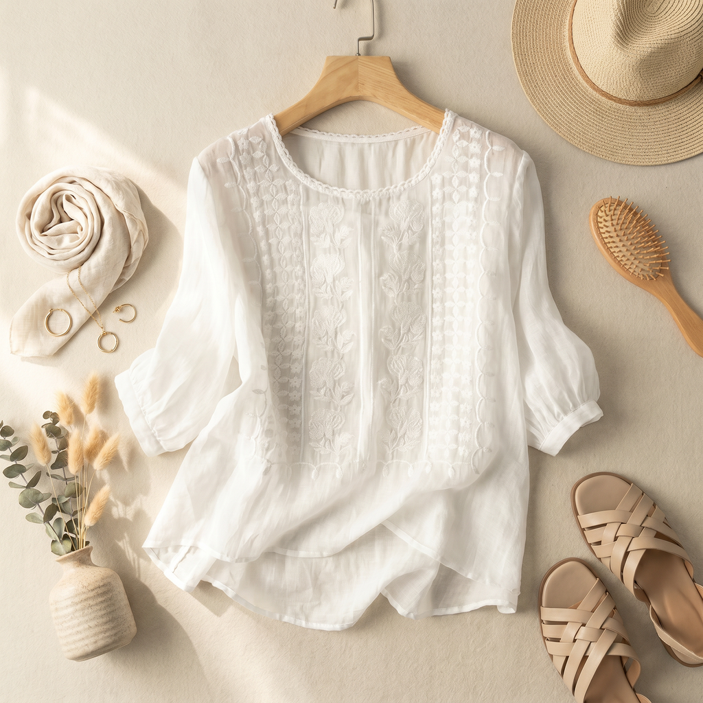 Women's Floral Embroidered Blouse | Relaxed Fit Summer Top