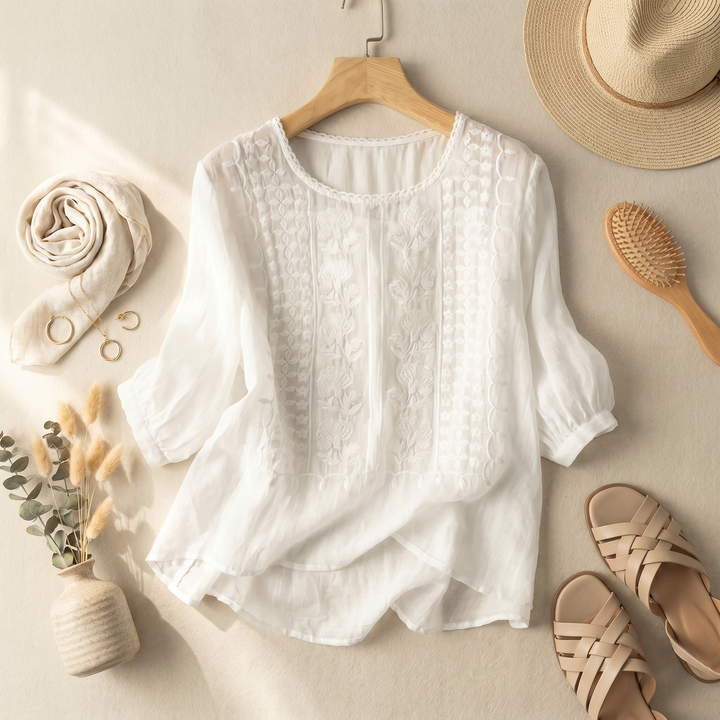 Women's Floral Embroidered Blouse | Relaxed Fit Summer Top