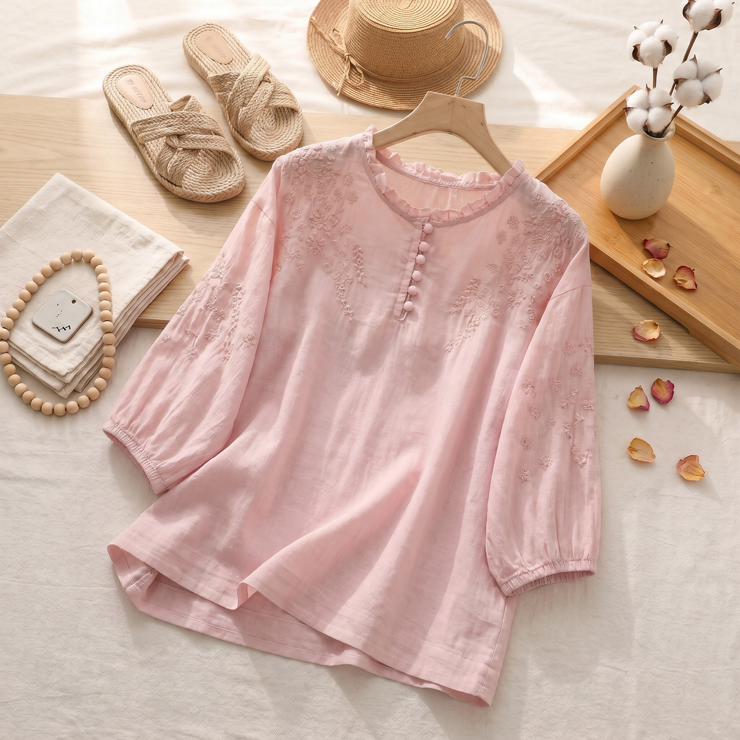 Women's Lightweight Floral Embroidered Blouse | Elegant Button-Front Top