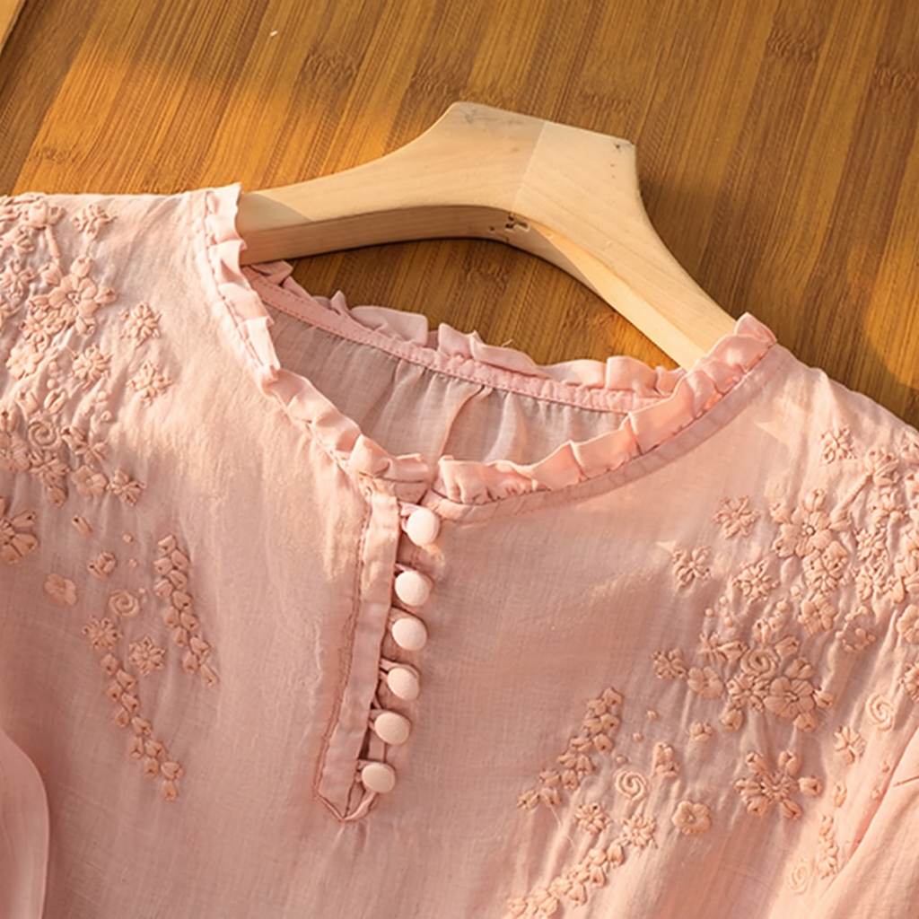 Women's Lightweight Floral Embroidered Blouse | Elegant Button-Front Top