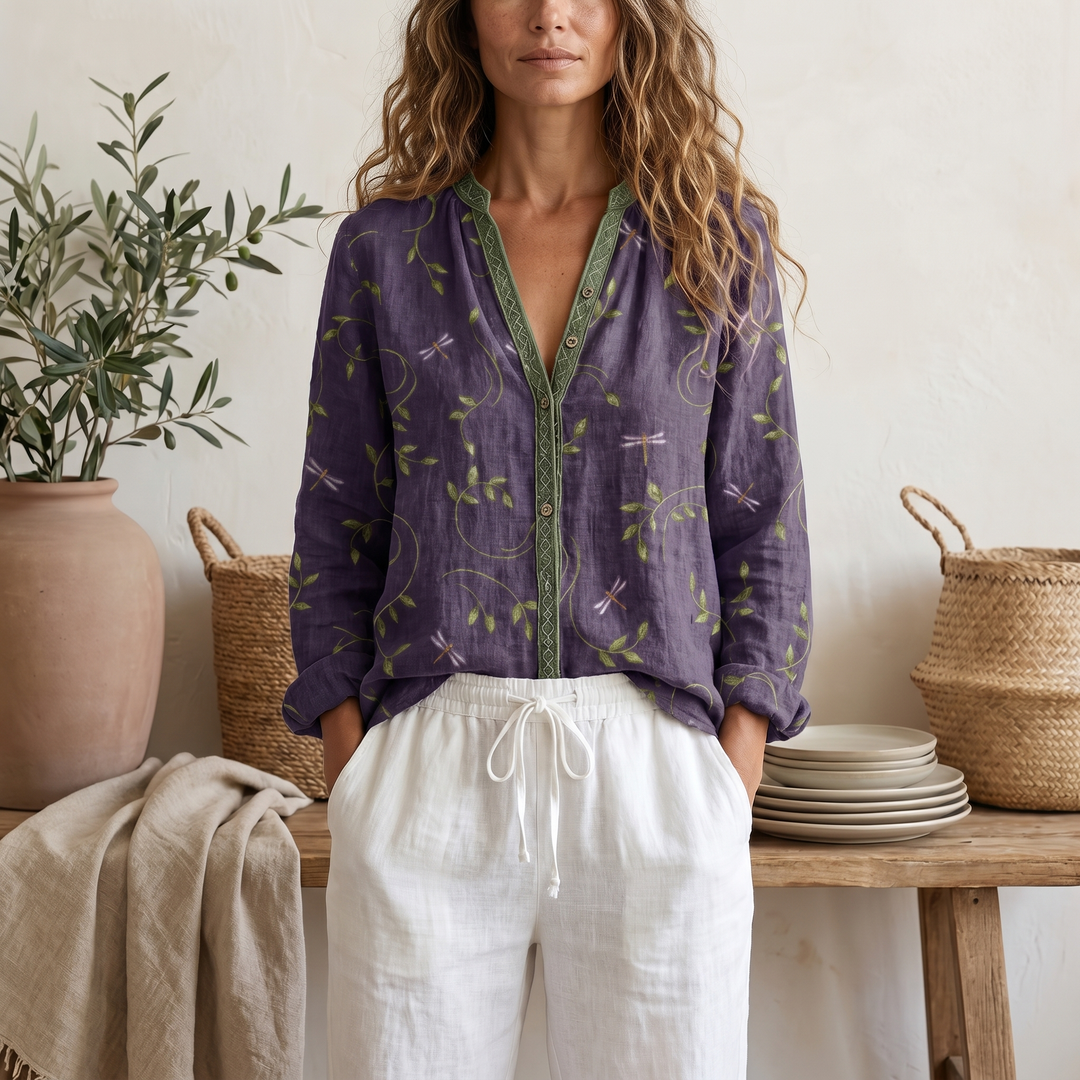 Women's Soft Botanical Print Blouse With Elegant Relaxed Fit And Long Sleeve Summer Top