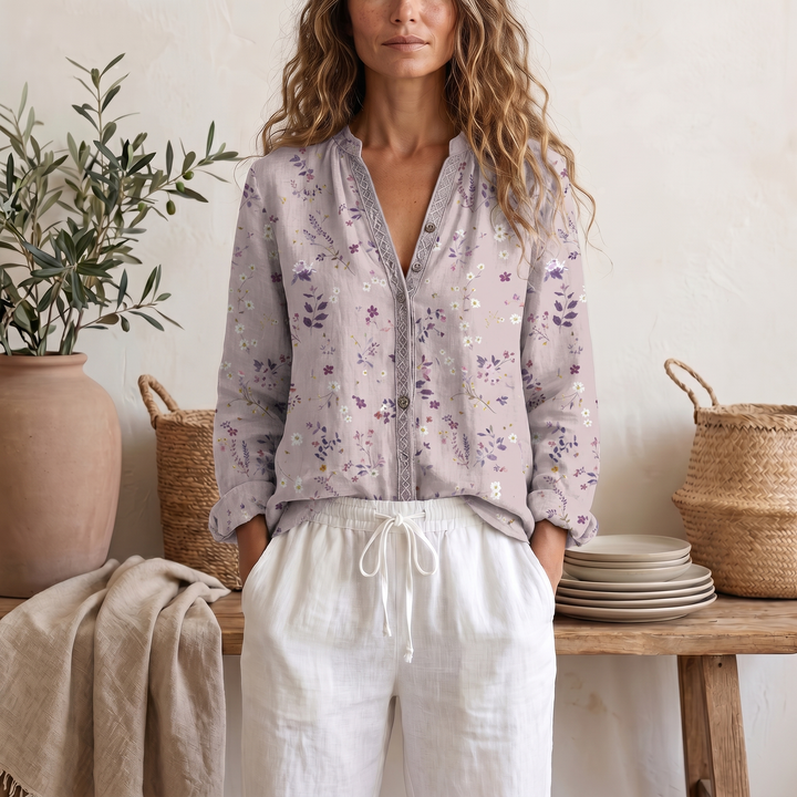 Women's Soft Botanical Print Blouse With Elegant Relaxed Fit And Long Sleeve Summer Top