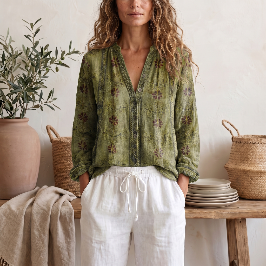 Women's Soft Botanical Print Blouse With Elegant Relaxed Fit And Long Sleeve Summer Top