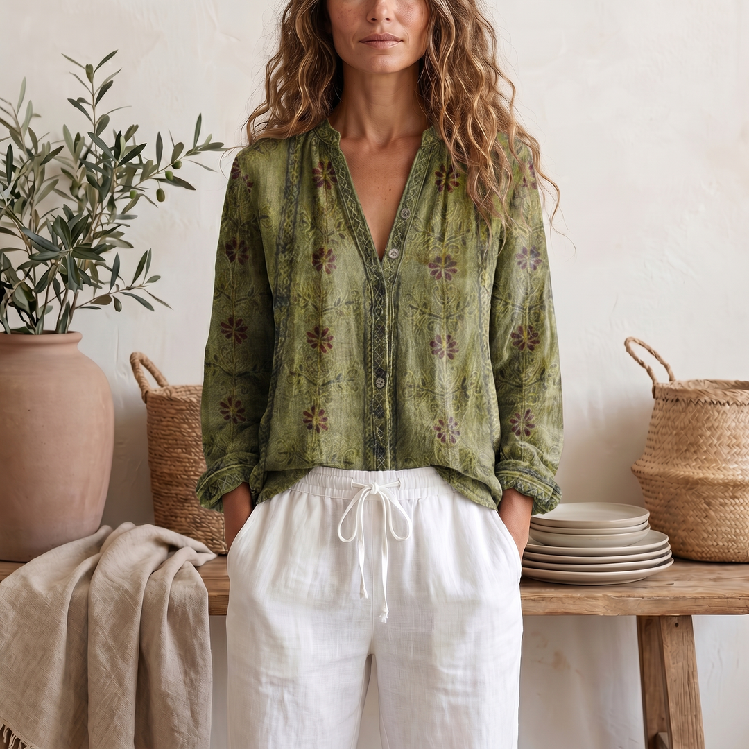 Women's Soft Botanical Print Blouse With Elegant Relaxed Fit And Long Sleeve Summer Top