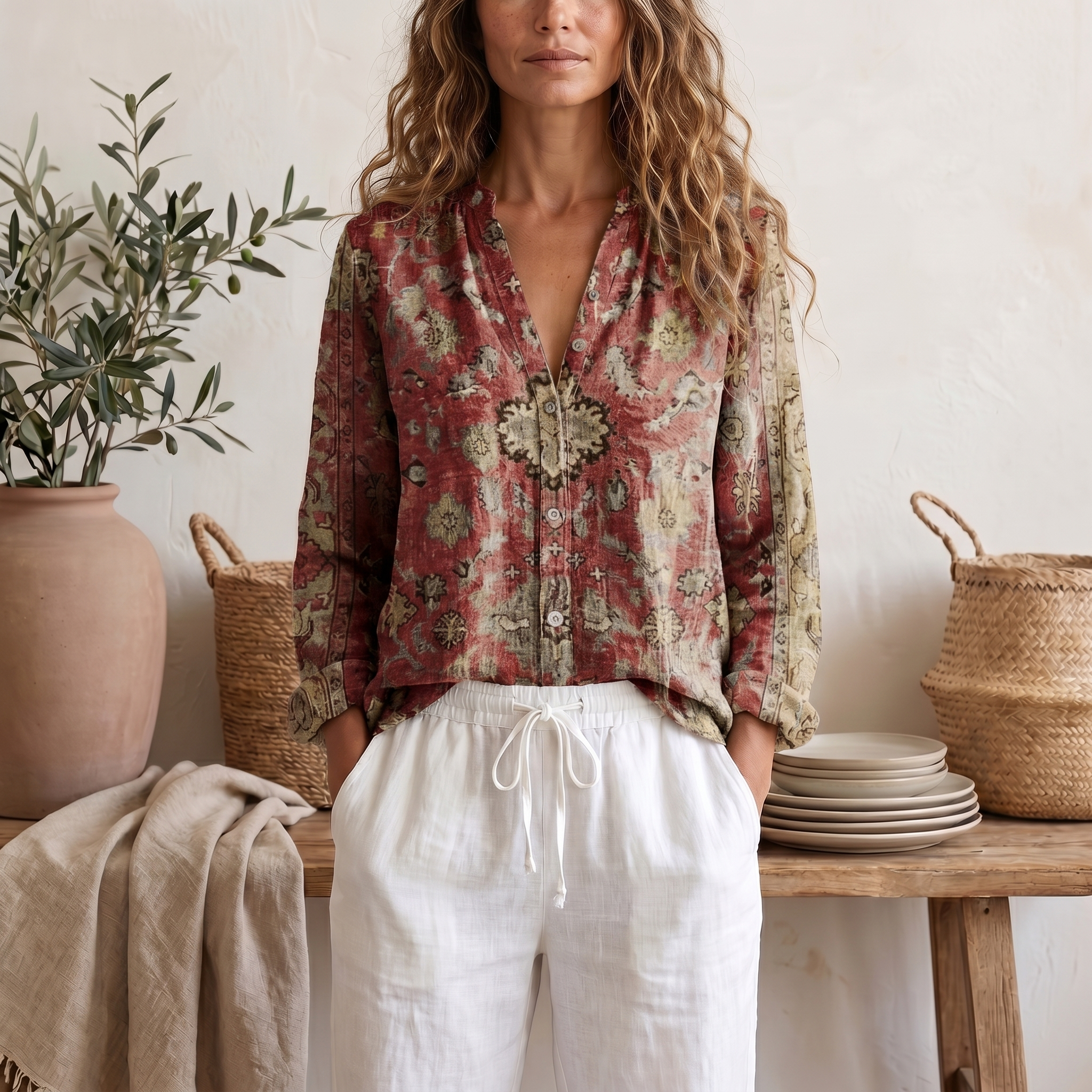 Women's Soft Botanical Print Blouse With Elegant Relaxed Fit And Long Sleeve Summer Top