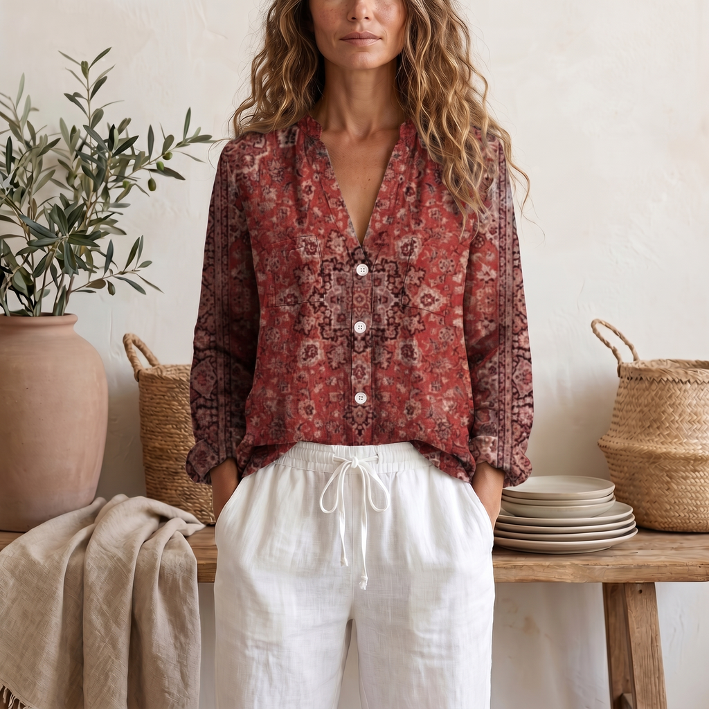 Women's Soft Botanical Print Blouse With Elegant Relaxed Fit And Long Sleeve Summer Top
