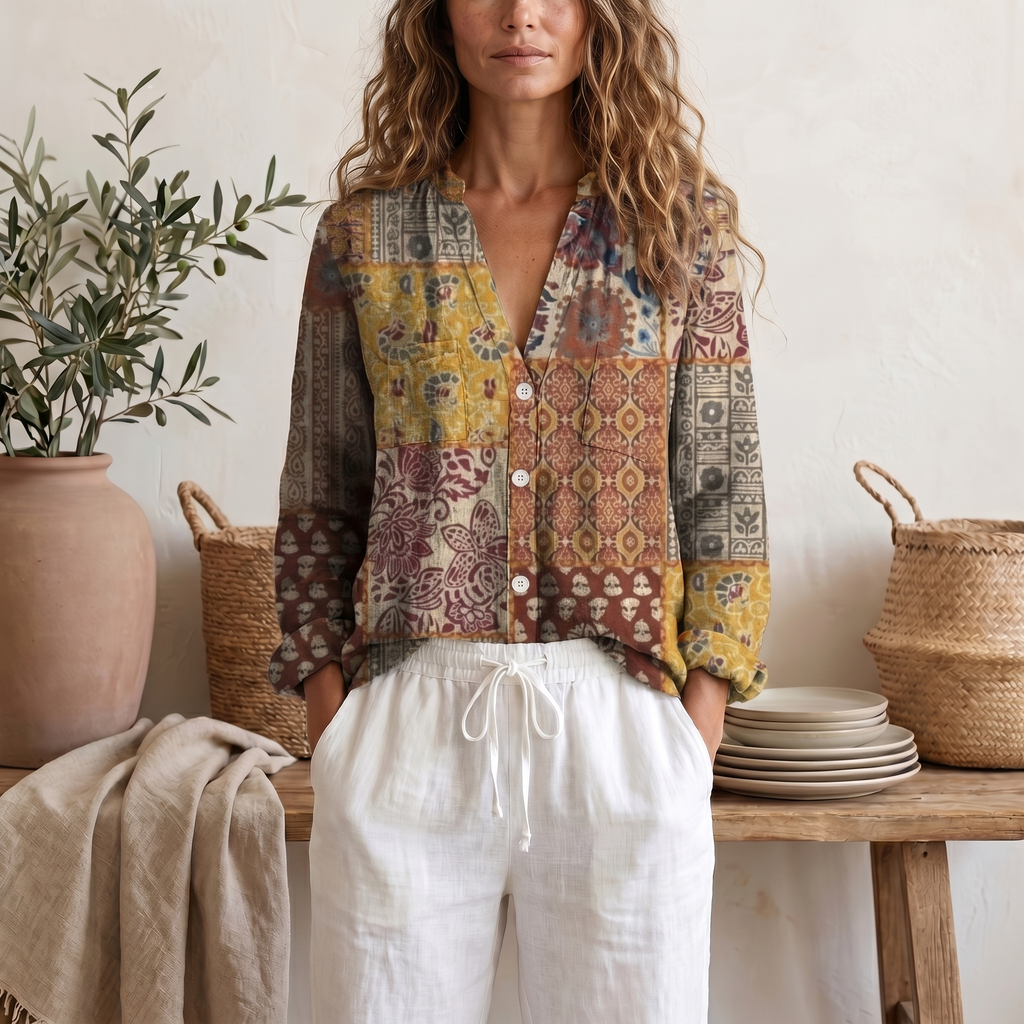 Women's Soft Botanical Print Blouse With Elegant Relaxed Fit And Long Sleeve Summer Top