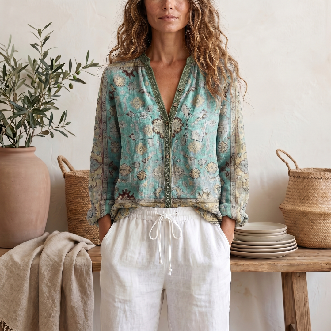 Women's Soft Botanical Print Blouse With Elegant Relaxed Fit And Long Sleeve Summer Top