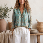 Women's Soft Botanical Print Blouse With Elegant Relaxed Fit And Long Sleeve Summer Top