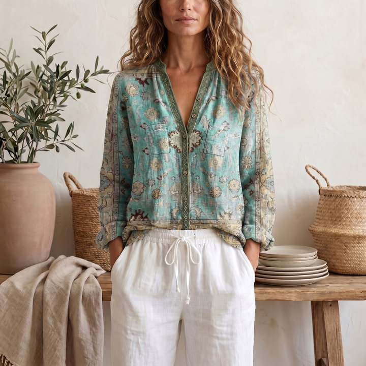 Women's Soft Botanical Print Blouse With Elegant Relaxed Fit And Long Sleeve Summer Top
