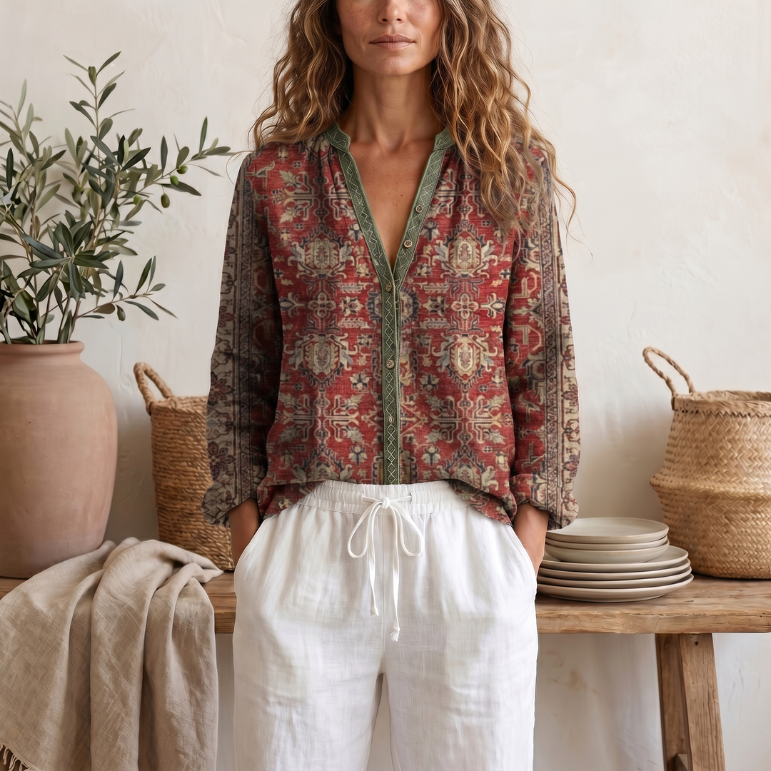 Women's Soft Botanical Print Blouse With Elegant Relaxed Fit And Long Sleeve Summer Top