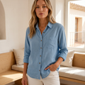 Women's Cotton Blend Long Sleeve Blouse Relaxed Fit White Top With Shirt