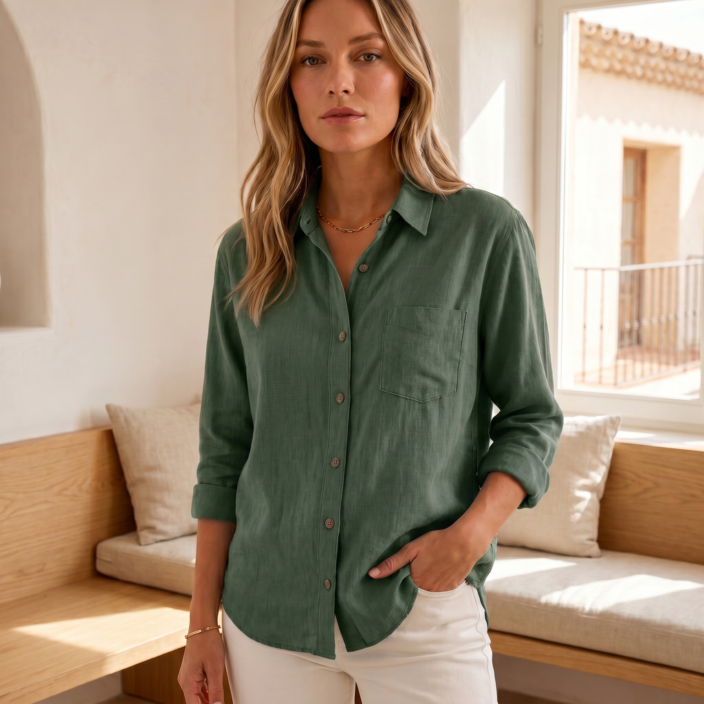 Women's Cotton Blend Long Sleeve Blouse Relaxed Fit White Top With Shirt