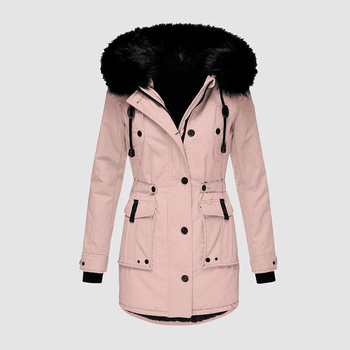 Winter Hooded Parka Women Faux Fur Trim Drawstring Waist Coat