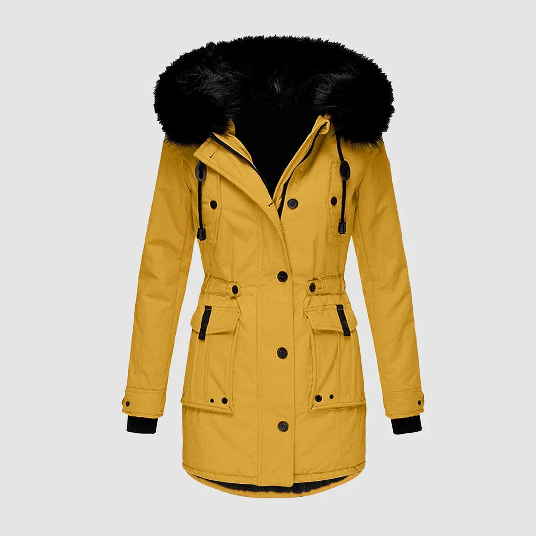 Winter Hooded Parka Women Faux Fur Trim Drawstring Waist Coat