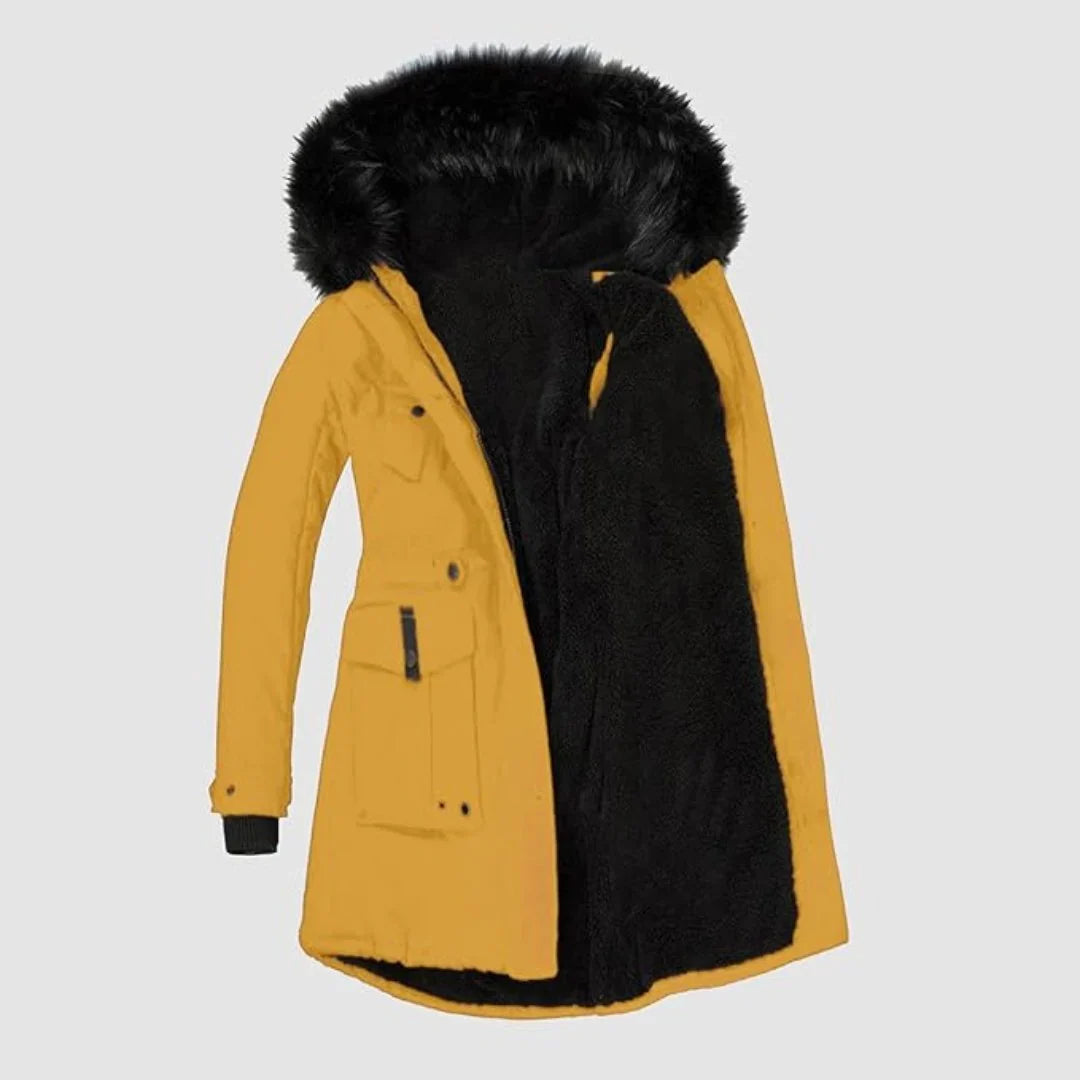 Winter Hooded Parka Women Faux Fur Trim Drawstring Waist Coat