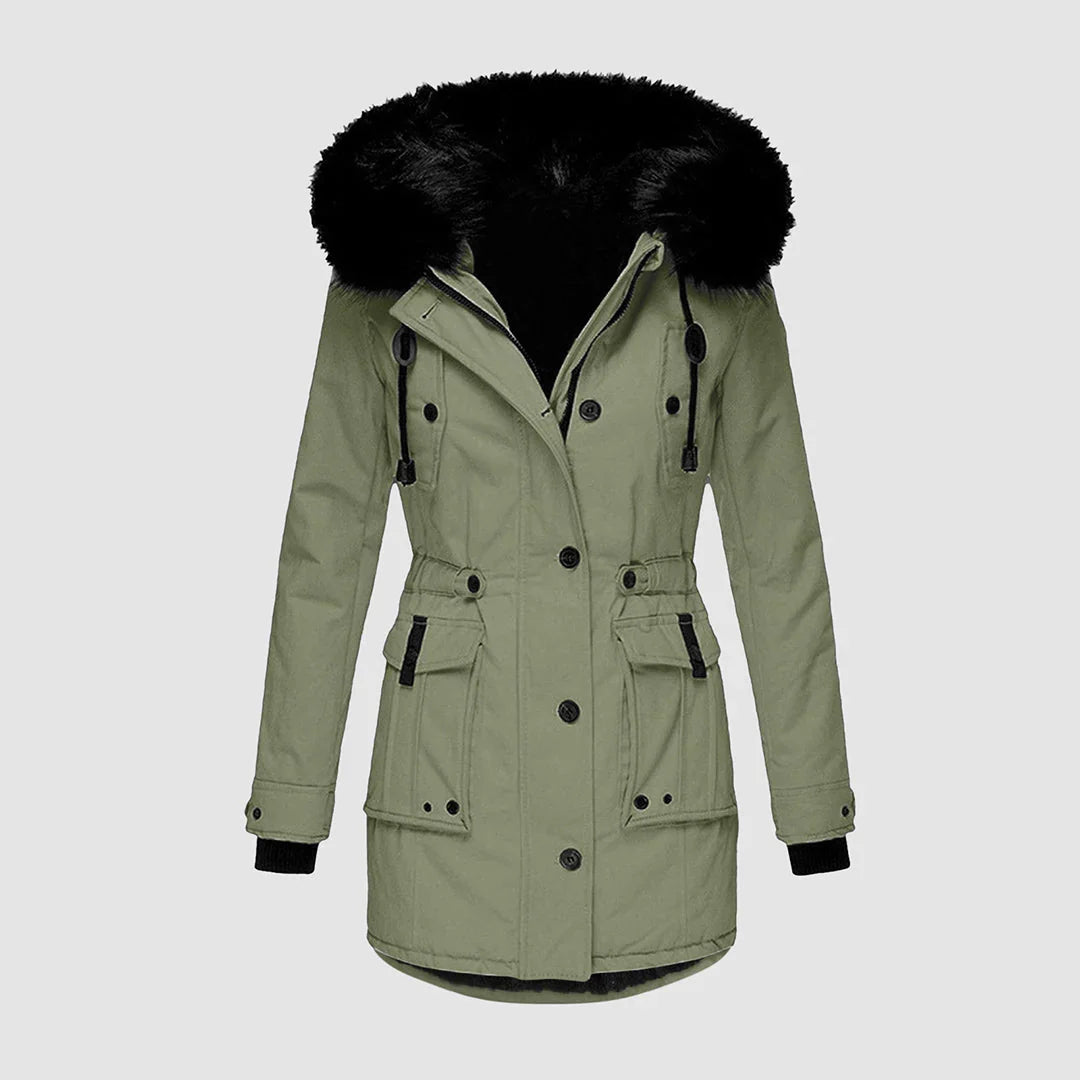 Winter Hooded Parka Women Faux Fur Trim Drawstring Waist Coat