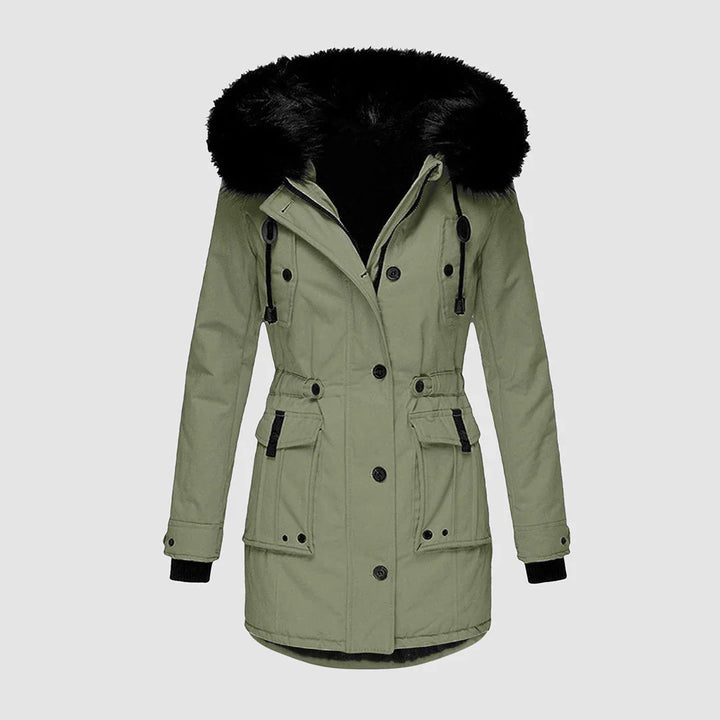 Winter Hooded Parka Women Faux Fur Trim Drawstring Waist Coat