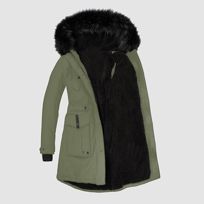 Winter Hooded Parka Women Faux Fur Trim Drawstring Waist Coat