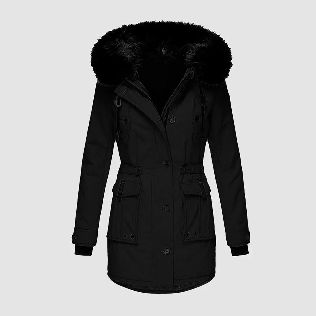 Winter Hooded Parka Women Faux Fur Trim Drawstring Waist Coat