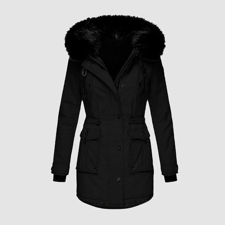 Winter Hooded Parka Women Faux Fur Trim Drawstring Waist Coat