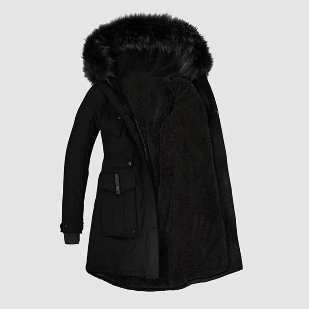 Winter Hooded Parka Women Faux Fur Trim Drawstring Waist Coat