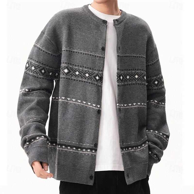 Men's Geometric Pattern Button-Down Holiday Knit Cardigan