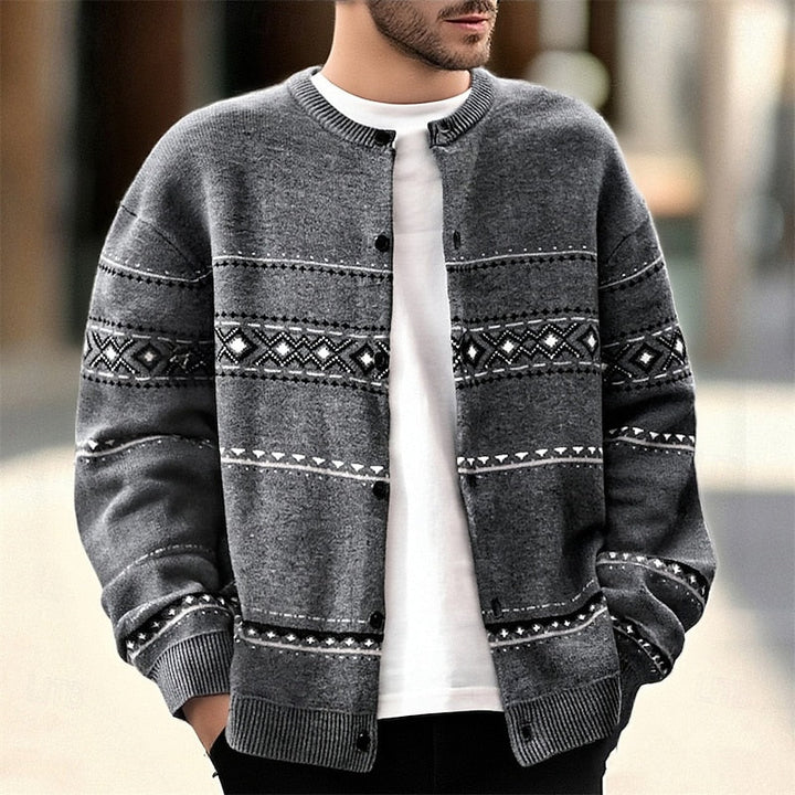 Men's Geometric Pattern Button-Down Holiday Knit Cardigan