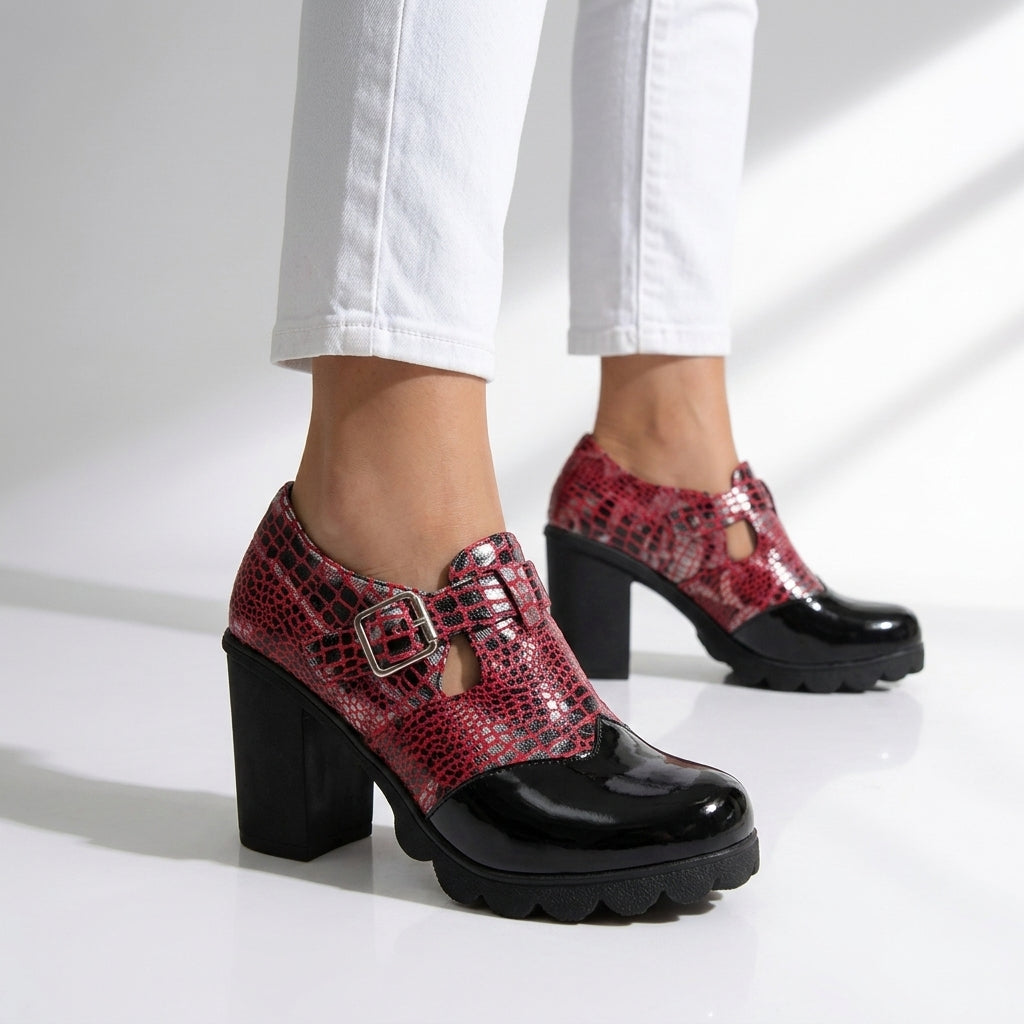 Women's Croc Print Block Heel Sandals Pointed Toe
