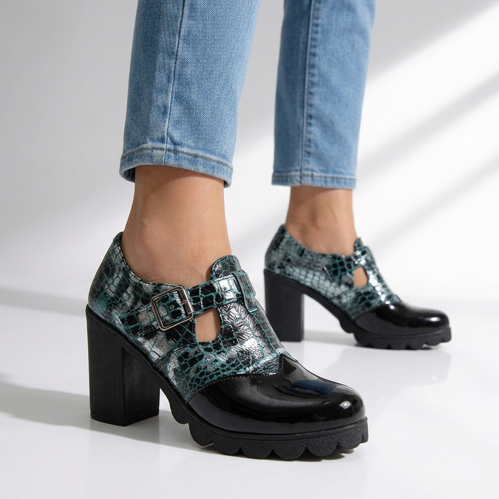 Women's Croc Print Block Heel Sandals Pointed Toe