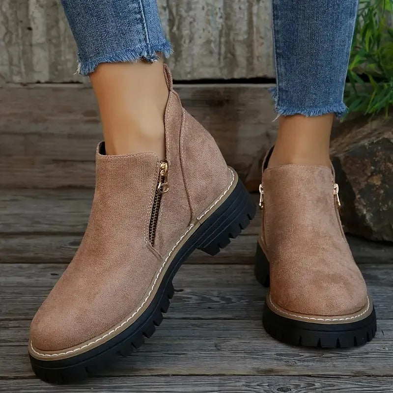 Women's Zipper Ankle Boots - Stylish Low Block Heel Booties