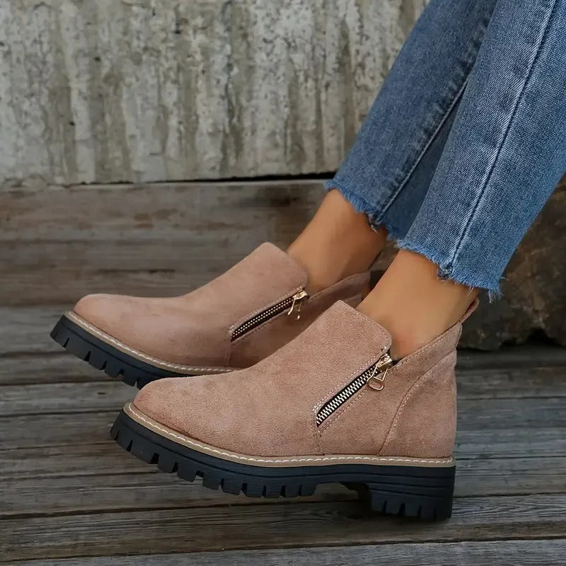 Women's Zipper Ankle Boots - Stylish Low Block Heel Booties