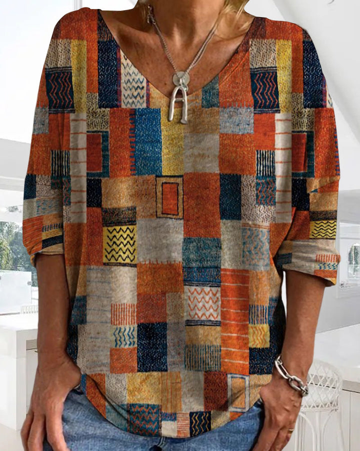 Imogen | Women's Patchwork V Neck 3/4 Sleeve Blouse